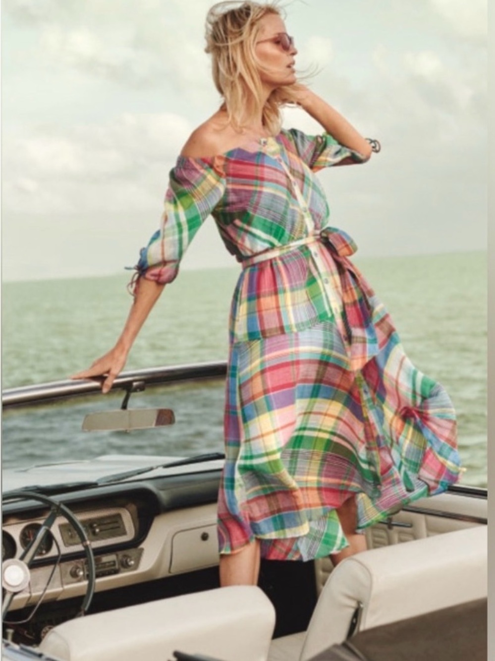 Lauren Ralph Lauren Multicolor Plaid Off-Shoulder Midi Dress
